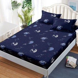 Cearșaf cu Elastic, Bumbac Satinat, 180x200 cm + 2 Fețe de Pernă 50x70 cm, Bleumarin, Planete