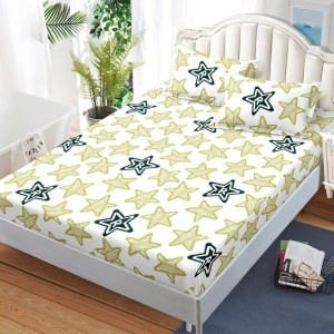 Cearșaf cu Elastic, Bumbac Satinat, 180x200 cm + 2 Fețe de Pernă 50x70 cm, Crem, Stelute