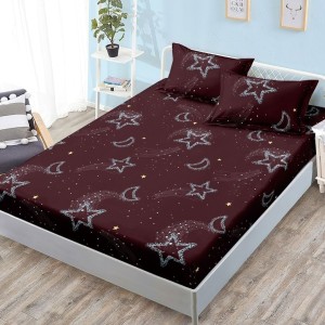 Cearșaf cu Elastic, Bumbac Satinat, 180x200 cm + 2 Fețe de Pernă 50x70 cm, Grena, Stelute