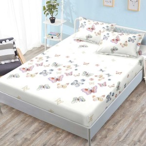 Cearsaf cu elastic, FINET, 180x200cm, 2 fete de perne 50x70cm, Crem, Fluturi