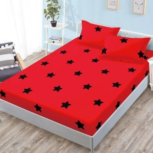 Cearșaf cu Elastic, Bumbac Satinat, 180x200 cm + 2 Fețe de Pernă 50x70 cm, Rosu, Stelute