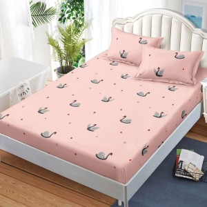 Cearșaf cu Elastic, Bumbac Satinat, 180x200 cm + 2 Fețe de Pernă 50x70 cm, Roz, Lebede