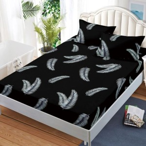 Cearșaf cu Elastic, Bumbac Satinat, 180x200 cm + 2 Fețe de Pernă 50x70 cm, Negru, Pene