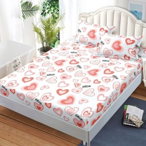 Cearșaf cu Elastic, Bumbac Satinat, 180x200 cm + 2 Fețe de Pernă 50x70 cm, Alb, Inimioare