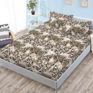 Cearsaf cu elastic, FINET, 180x200cm, 2 fete de perne 50x70cm, Maro, Animal Print 