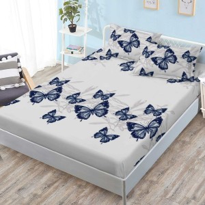 Cearsaf cu elastic, FINET, 180x200cm, 2 fete de perne 50x70cm, Gri, Albastru, Fluturi