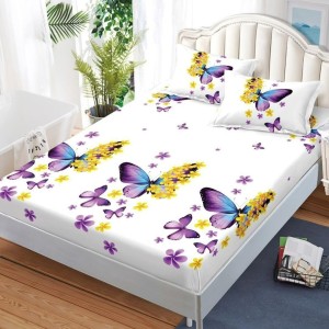 Cearșaf cu Elastic, Bumbac Satinat, 180x200 cm + 2 Fețe de Pernă 50x70 cm, Alb, Mov, Fluturi