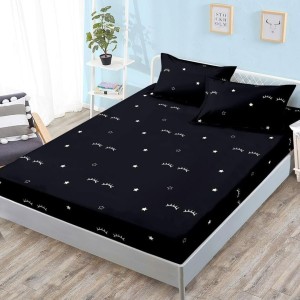 Cearșaf cu Elastic, Bumbac Satinat, 180x200 cm + 2 Fețe de Pernă 50x70 cm, Negru, Gene