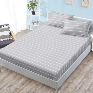 Cearșaf cu Elastic, Bumbac Satinat, 180x200 cm + 2 Fețe de Pernă 50x70 cm, Gri, Dungi