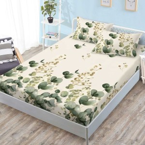 Cearsaf cu elastic, FINET, 180x200cm, 2 fete de perne 50x70cm, Crem, Verde, frunze 