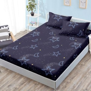 Cearșaf cu Elastic, Bumbac Satinat, 180x200 cm + 2 Fețe de Pernă 50x70 cm, Bleumarin, Stelute 