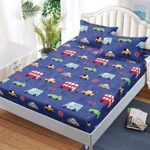 Cearșaf cu Elastic, Bumbac Satinat, 180x200 cm + 2 Fețe de Pernă 50x70 cm, Bleumarin, Masinute