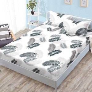 Cearșaf cu Elastic, Bumbac Satinat, 180x200 cm + 2 Fețe de Pernă 50x70 cm, Alb, Frunze