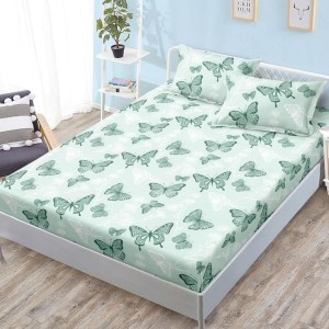 Cearșaf cu Elastic, Bumbac Satinat, 180x200 cm + 2 Fețe de Pernă 50x70 cm, Verde, Fluturi