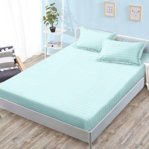 Cearșaf cu Elastic, Bumbac Satinat, 180x200 cm + 2 Fețe de Pernă 50x70 cm, Bleu, Dungi