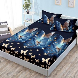 Cearșaf cu Elastic, Bumbac Satinat, 180x200 cm + 2 Fețe de Pernă 50x70 cm, Negru, Fluturi