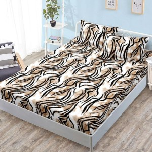 Cearșaf cu Elastic, Bumbac Satinat, 180x200 cm + 2 Fețe de Pernă 50x70 cm, Maro, Animal Print
