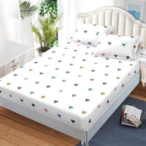 Cearșaf cu Elastic, Bumbac Satinat, 180x200 cm + 2 Fețe de Pernă 50x70 cm, Alb, Inimioare