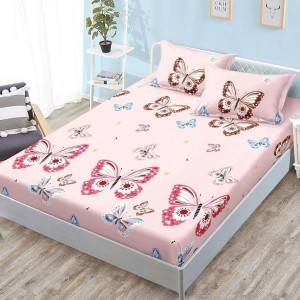 Cearșaf cu Elastic, Bumbac Satinat, 180x200 cm + 2 Fețe de Pernă 50x70 cm, Roz, Fluturi