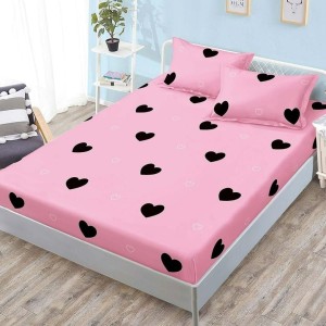 Cearșaf cu Elastic, Bumbac Satinat, 180x200 cm + 2 Fețe de Pernă 50x70 cm, Roz, Inimioare