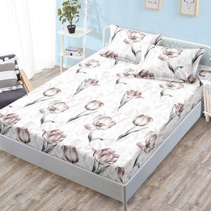 Cearșaf cu Elastic, Bumbac Satinat, 180x200 cm + 2 Fețe de Pernă 50x70 cm, Bej, Lalele