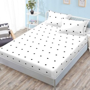 Cearșaf cu Elastic, Bumbac Satinat, 180x200 cm + 2 Fețe de Pernă 50x70 cm, Alb, Inimioare