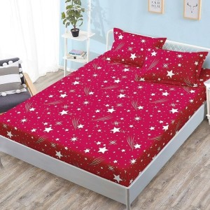 Cearșaf cu Elastic, Bumbac Satinat, 180x200 cm + 2 Fețe de Pernă 50x70 cm, Rosu, Ploaie de stele