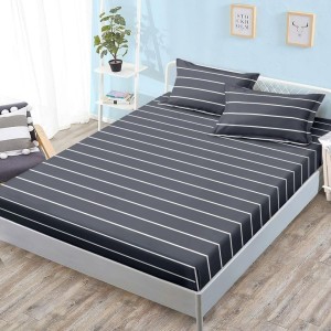 Cearșaf cu Elastic, Bumbac Satinat, 180x200 cm + 2 Fețe de Pernă 50x70 cm, Gri inchis, Dungi