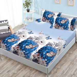 Cearsaf cu elastic, FINET, 180x200cm, 2 fete de perne 50x70cm, Albastru, Flori