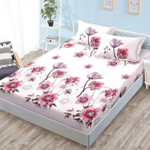 Cearșaf cu Elastic, Bumbac Satinat, 180x200 cm + 2 Fețe de Pernă 50x70 cm, Roz, Flori