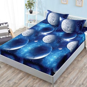 Cearsaf cu elastic, FINET, 180x200cm, 2 fete de perne 50x70cm, Albastru , luna