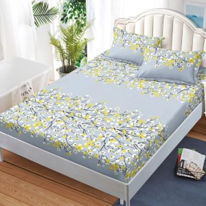 Cearșaf cu Elastic, Bumbac Satinat, 180x200 cm + 2 Fețe de Pernă 50x70 cm, Bleu, Crengute