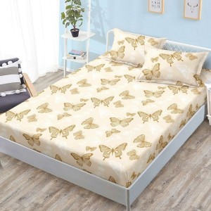 Cearșaf cu Elastic, Bumbac Satinat, 180x200 cm + 2 Fețe de Pernă 50x70 cm, Crem, Fluturi