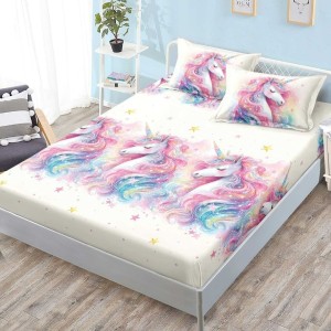 Cearsaf cu elastic, FINET, 180x200cm, 2 fete de perne 50x70cm, Roz, Unicorni