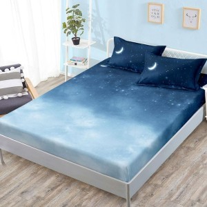 Cearșaf cu Elastic, Bumbac Satinat, 180x200 cm + 2 Fețe de Pernă 50x70 cm, Albastru degrade, Stelute