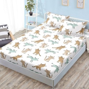 Cearșaf cu Elastic, Bumbac Satinat, 180x200 cm + 2 Fețe de Pernă 50x70 cm, Alb, Pisici