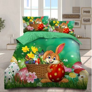 Lenjerie de Pat Dublu,  Finet, Imprimeu Digital cu Iepuras si Oua, IDENTIC CU POZA, 4 Piese, Verde