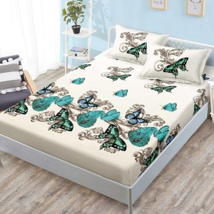 Cearsaf cu elastic, FINET, 180x200cm, 2 fete de perne 50x70cm, Crem, Verde, Fluturi