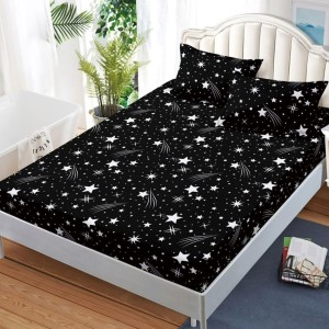 Cearșaf cu Elastic, Bumbac Satinat, 180x200 cm + 2 Fețe de Pernă 50x70 cm, Negru, Ploaie de stele 