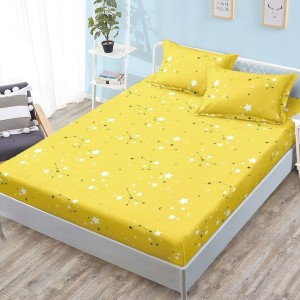 Cearșaf cu Elastic, Bumbac Satinat, 180x200 cm + 2 Fețe de Pernă 50x70 cm, Galben, Stelute