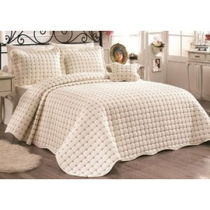 Cuvertura Brodata pat dublu cu 3 fete de perna, bej deschis