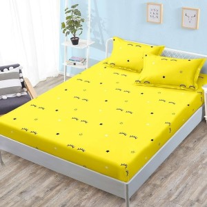 Cearșaf cu Elastic, Bumbac Satinat, 180x200 cm + 2 Fețe de Pernă 50x70 cm, Galben, Gene