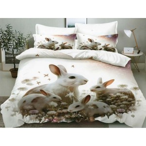 Lenjerie de Pat Dublu,  Finet, Imprimeu Digital cu Iepuras si Oua, IDENTIC CU POZA, 4 Piese, Alb
