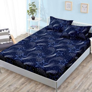 Cearșaf cu Elastic, Bumbac Satinat, 180x200 cm + 2 Fețe de Pernă 50x70 cm, Bleumarin, Stelute