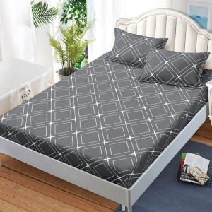 Cearșaf cu Elastic, Bumbac Satinat, 180x200 cm + 2 Fețe de Pernă 50x70 cm, Gri, Romburi