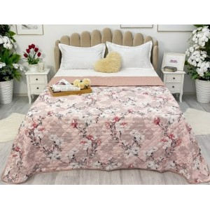 Cuvertura matlasata cu doua fete pentru pat dublu , 210x210, Roz pudra, flori