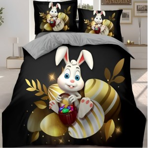 Lenjerie de Pat Dublu,  Finet, Imprimeu Digital cu Iepuras si Oua, IDENTIC CU POZA, 4 Piese, Negru
